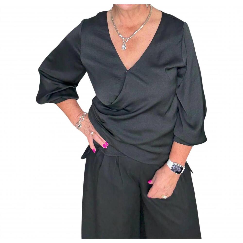 NEW BEFORE YOU COLLECTION satin v-neck top in black